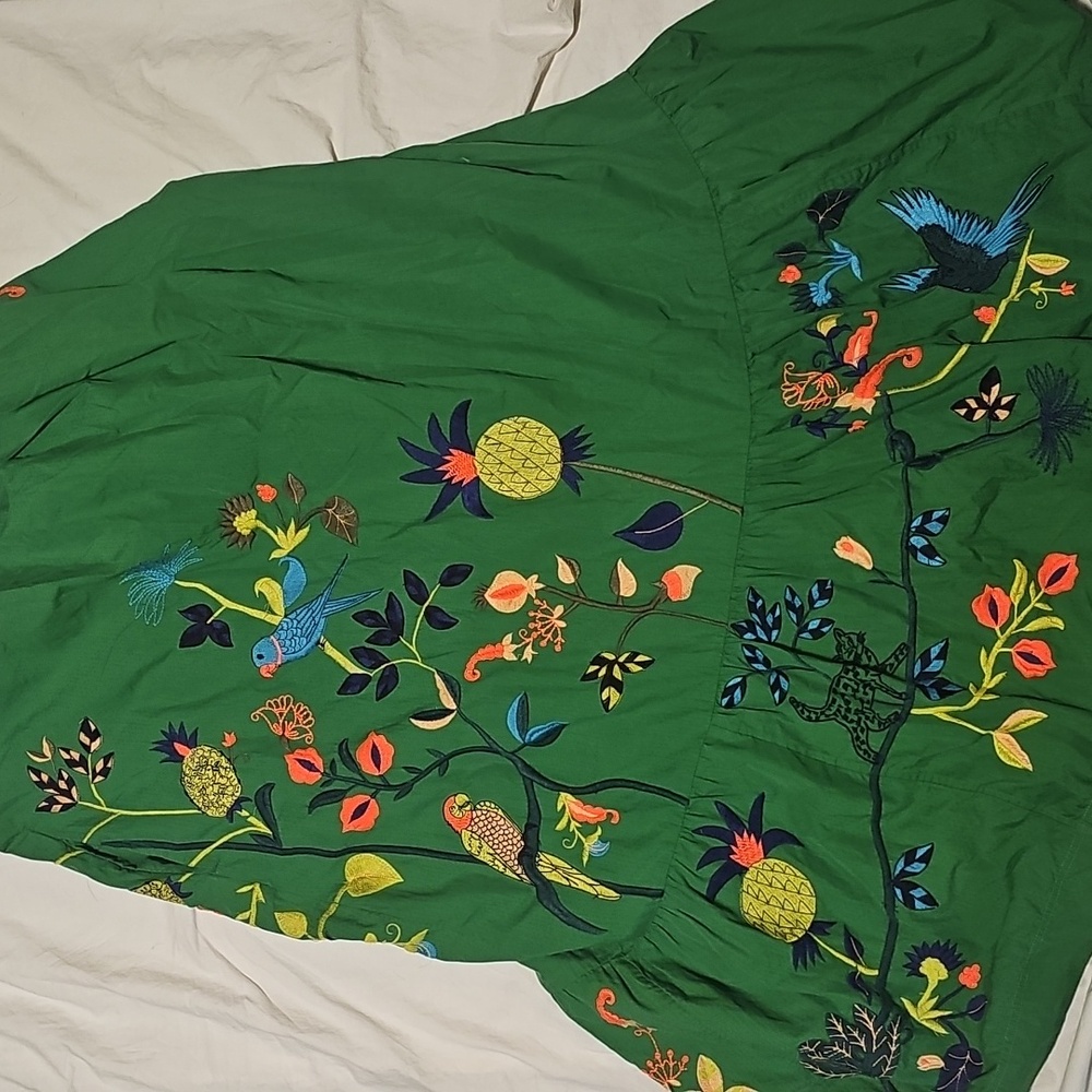 Anthropologie Strapless Embroidered Maxi Dress Green Tropical Botanical Smocked - Picture 9 of 9